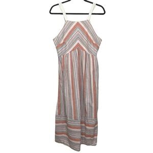 Sugar Lips Orange Ivory Striped Linen Cotton Blend Midi Sun Dress Medium